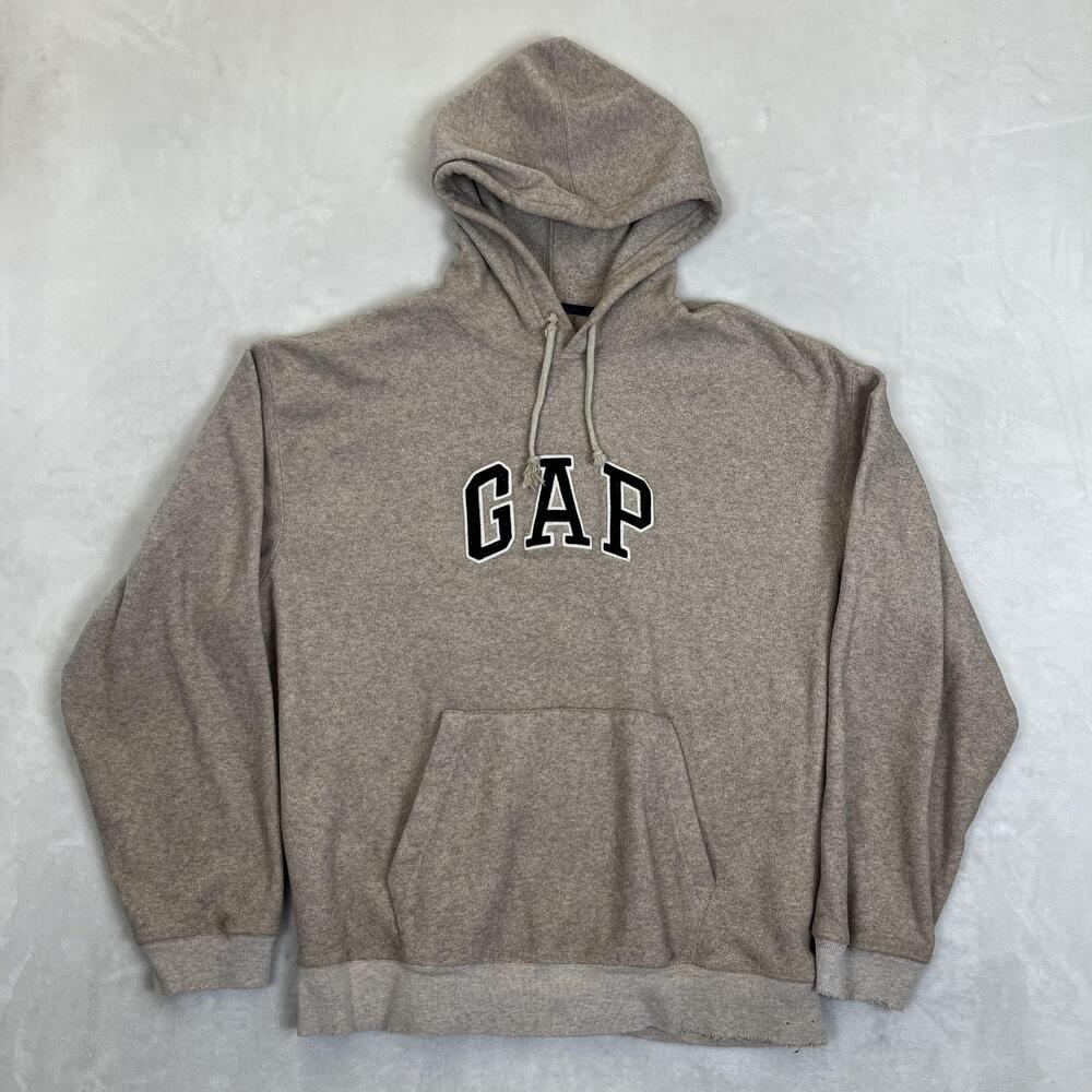Vintage Gap Hoodie Mens XL Beige Fleece Pullover Sweatshirt Arch Logo Y2K Grunge